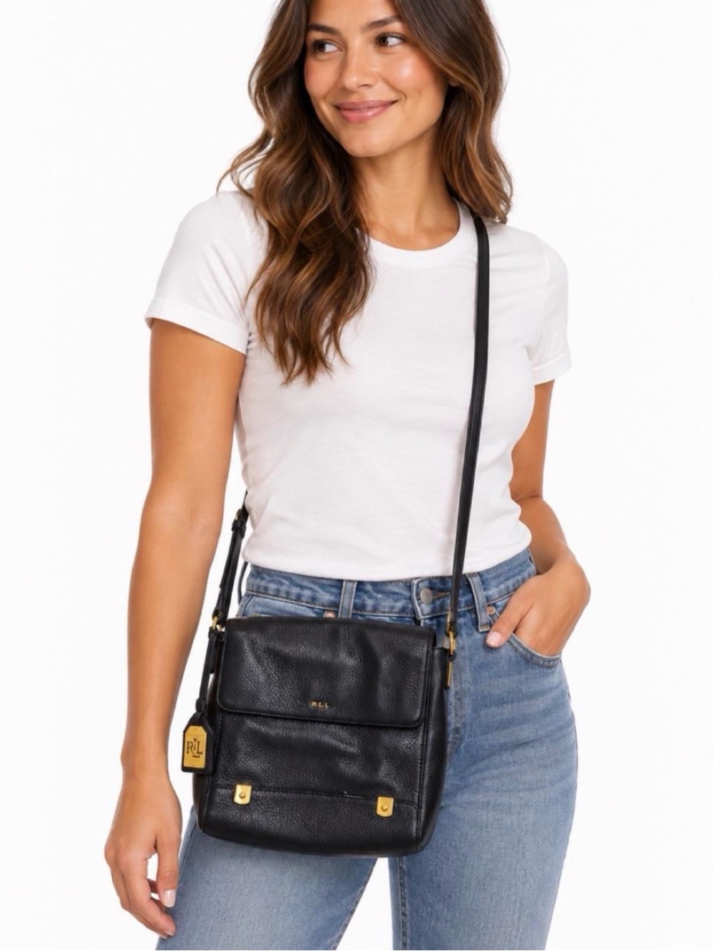 Lauren Ralph Lauren Black Leather Pebbled Crossbody Bag with Gold Hardware